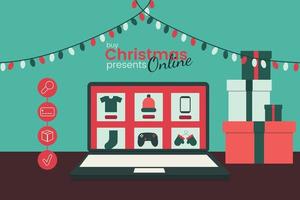 Christmas online shopping concept, e-commerce flat illustration vector. E-commerce advertising illustration. Online shopping banner vector