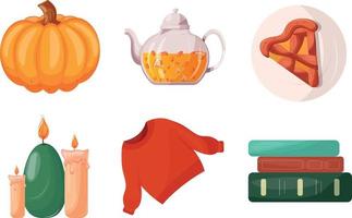 Set of autumn seasonal items illustration. Pumpkin, Tea, Pie, Candles, Sweater, Books vector