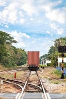 Train carrying cargo container shipping and freight transportation on railway photo