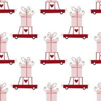 Romantic pattern. Pink gift box, cute red car and hearts. Holiday seamless pattern. vector