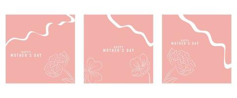 Happy Mother's Day vector greeting card set with beautiful flowers and hearts. Line drawing of flowers. One line minimalist style illustration for banner