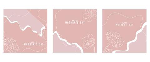 Happy Mother's Day vector greeting card set with beautiful flowers and hearts. Line drawing of flowers. One line minimalist style illustration for banner