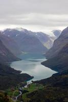 Scenic view of valley and Lovatnet near Via ferrata at Loen,Norway with mountains in the background.norwegian october morning,photo of scandinavian nature for printing on calendar,wallpaper,cover photo