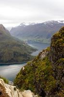 Beautiful side view on the top of via ferrata Loen Norway with suspension bridge in autumn,scandinavian nature,outdoor activity,norwegian lifestyle,print for poster,cover,calendar photo