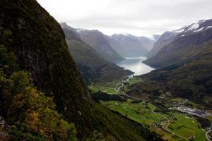 Scenic view of valley and Lovatnet near Via ferrata at Loen,Norway with mountains in the background.norwegian october morning,photo of scandinavian nature for printing on calendar,wallpaper,cover photo