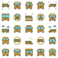 conjunto de iconos de vector moderno de autobús escolar amarillo. Autobuses letreros modernos