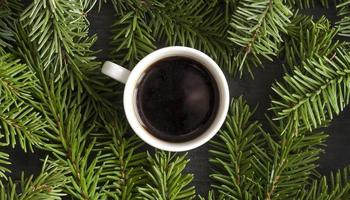 Christmas coffee. A cup of coffee on fir tree background, top view. photo