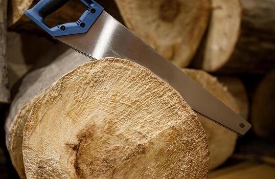 A hacksaw on wood saws the trunk of a tree. photo