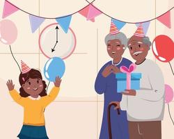 ilustración de cumpleaños con una niña y abuelos dándole una caja de regalo. vector