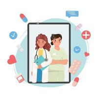 Mobile phone communication. Telemedicine concept illustration with two woman in the smartphone. vector