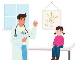 médico pediatra revisando al pequeño paciente. ilustración con un médico y una niña en la habitación. salud infantil, pediatría, atención médica, ilustración del concepto de hospital. vector