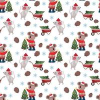 Seamless pattern with a koala bear, mouse, Christmas tree, pine cone and snow flake. vector