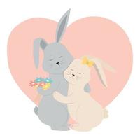 Cute two rabbits are hugging on the background of the heart. vector