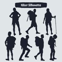 Collection of Hiker in mountains silhouettes in different poses vector