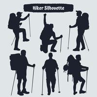 Collection of Hiker in mountains silhouettes in different poses vector