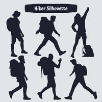 Collection of Hiker in mountains silhouettes in different poses vector