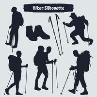 Collection of Hiker in mountains silhouettes in different poses vector