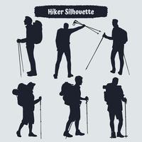 Collection of Hiker in mountains silhouettes in different poses vector