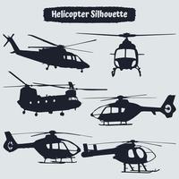 Colección de siluetas de helicópteros en diferentes posiciones. vector