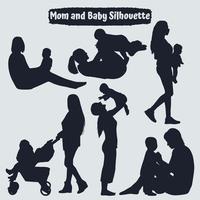 Collection of mom and baby silhouettes in different poses vector