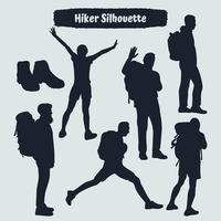 Collection of Hiker in mountains silhouettes in different poses vector