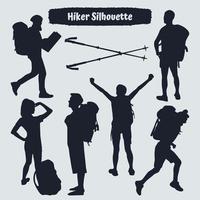 Collection of Hiker in mountains silhouettes in different poses vector