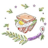 Sandwich with scrambled eggs, bacon and lettuce, delicious vector