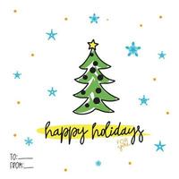 Cute card with caption for holiday with Christmas tree, doodle vector