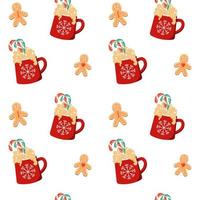 Seamless pattern. Red cup with a hot drink and gingerbread man coockie. Christmas cute card. Vector illustration.