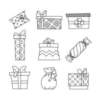 Set of gift boxes with ribbon, line art design. Element for Christmas, birthday, Easter, New Year, anniversary, holidays. Vector illustration for icon, web, mobile app, print. Thin line doodle