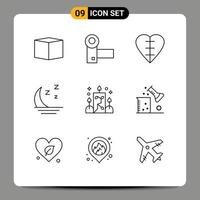 Modern Set of 9 Outlines Pictograph of illumination night heart nature foggy Editable Vector Design Elements