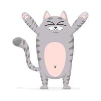 Cute and funny vector cat. Smiling gray tabby cat wants to be hugged. Cartoon cat or kitten character with flat color in a standing pose. Pet animal isolated on white background.