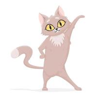 Cute and funny vector cat with big yellow eyes. Cartoon cat or kitten character with flat color in a standing pose. Pet animal isolated on white background.