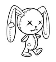 Crazy voodoo rabbit. Cute evil rabbit, halloween decoration. Sewn voodoo bunny walking through. Stitched thread funny monochrome zombie monster. Design for coloring books, stickers, cards, invitations vector