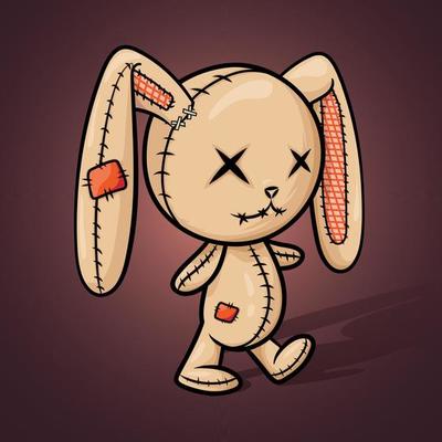 Crazy voodoo rabbit. Colored cute evil rabbit on a dark background with backlight and creepy shadow, halloween decoration. Sewn voodoo bunny walking through. Stitched thread funny zombie monster