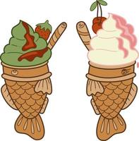 Taiyaki two doodle2. Cute Asian sweet stuffed fish with ice cream. Cartoon color vector illustration.