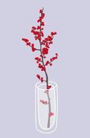 Glass vase with ilex branch in it. Hand drawn floral illustration. Home decor concept. Modern flat drawing for logo, pattern, web and app design. vector