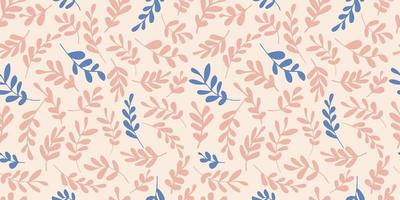 Silhouettes of doodle leaves horizontal seamless pattern. Vector hand drawn illustration in simple scandinavian doodle cartoon style. Isolated pink and blue branches on a light beige background.