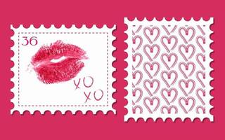 conjunto de sellos postales de amor. ilustraciones de corazones y labios dibujadas a mano. feliz día de san valentín, xoxo. para el diseño del día de san valentín, afiche, tarjeta, redes sociales. vector