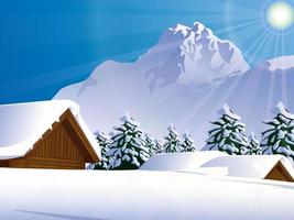 Winter Background Scene with Cabins, Trees and Mountains Covered in Snow. Vector Illustration