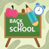 Back to school with school items and equipment on green chalkboard. vector