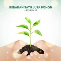 Hari gerakan satu juta pohon or one million trees movement background with hand holding a plant with sparkle vector