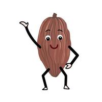 Happy Chocolate fruit cacao or cocoa bean with greeting and waving pose vector illustration mascot character. Cartoon flat art isolated on plain white background.