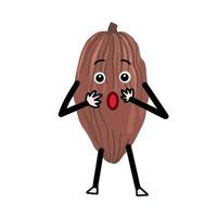 Surprised Chocolate fruit cacao vector illustration mascot character isolated on plain white background. Kawaii food choco bean with cartoon simple flat art style.