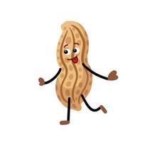 Excited Peanut vector character with looking left face and skipping body expression mascot. Food illustration with funny cartoon simple flat style isolated on plain background.