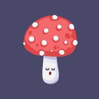 Sleeping red wild pretty forest mushroom vector avatar character mascot illustration isolated on plain dark gray background. Kawaii cute character drawing with cartoon flat art style.