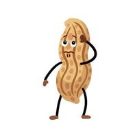 Peanut vector character with confused face looking upwards and body expression mascot. Food illustration with funny cartoon simple flat style isolated on plain background.