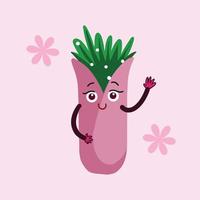 Smiling pink flower vase with green leaves character vector illustration mascot isolated on plain pink background. Cute kawaii drawing with cartoon comic art style. Simple and flat artwork.