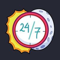 Time red clock hours repeat 24 7 twenty four seven day and night vector illustration with sun and moon decoration. Cartoon flat art style drawing isolated on plain dark black background.