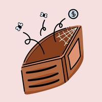 Empty leather chocolate or brown colored wallet with spider web and fly flying out of it. Vector illustration drawing with cartoon comic simple flat art style isolated on plain light brown background.